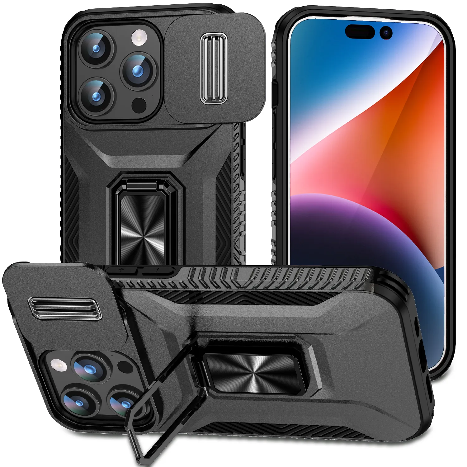 Militärkvalitetschockförsättande 360 ​​ﾰ Magnetisk ring Kickstand -fodral för iPhone 15 Pro Max 14 13 12 11 XR XS 8 7, Hybrid Dual Layer Slide Camera Protect Covera