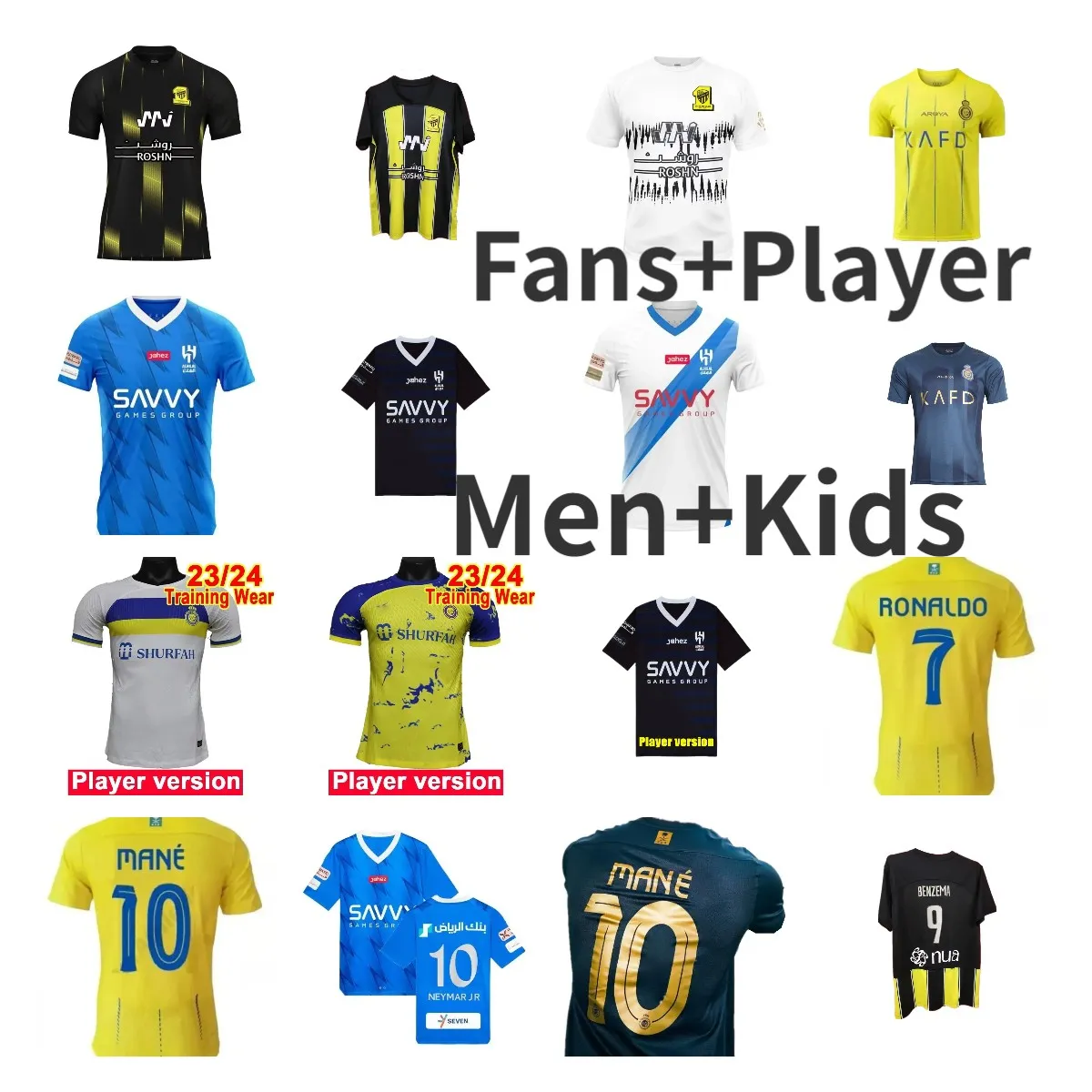 23 24 Al Nassr FC camisas de futebol Ronaldo Mane 2023 Al Hilal Neymar Jr Ruben Camisas 2024 Al Ittihad Benzema Kante Fabinho Camisa Jogador fãs homens kit infantil KOULIBALY uniforme