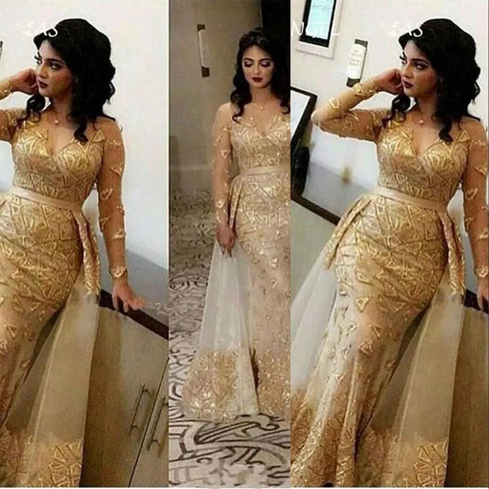 新しいアラビア語のゴールドシャンパンイブニングドレス女性用女性のためのウェアマーメイドレースアップリケビーズオーバースカートフロアレングフォーマルプロムドレスPA265o