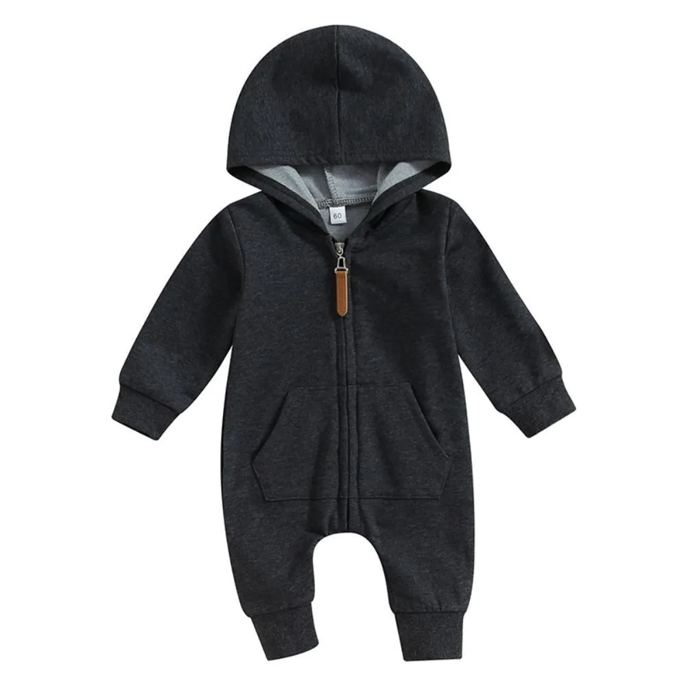 Rompertjes 2023 Herfst geboren Baby Jongens Meisjes Jumpsuits 0 12 M Lange Mouw Effen Zip Up Capuchon Winter Leuke outfits 230915