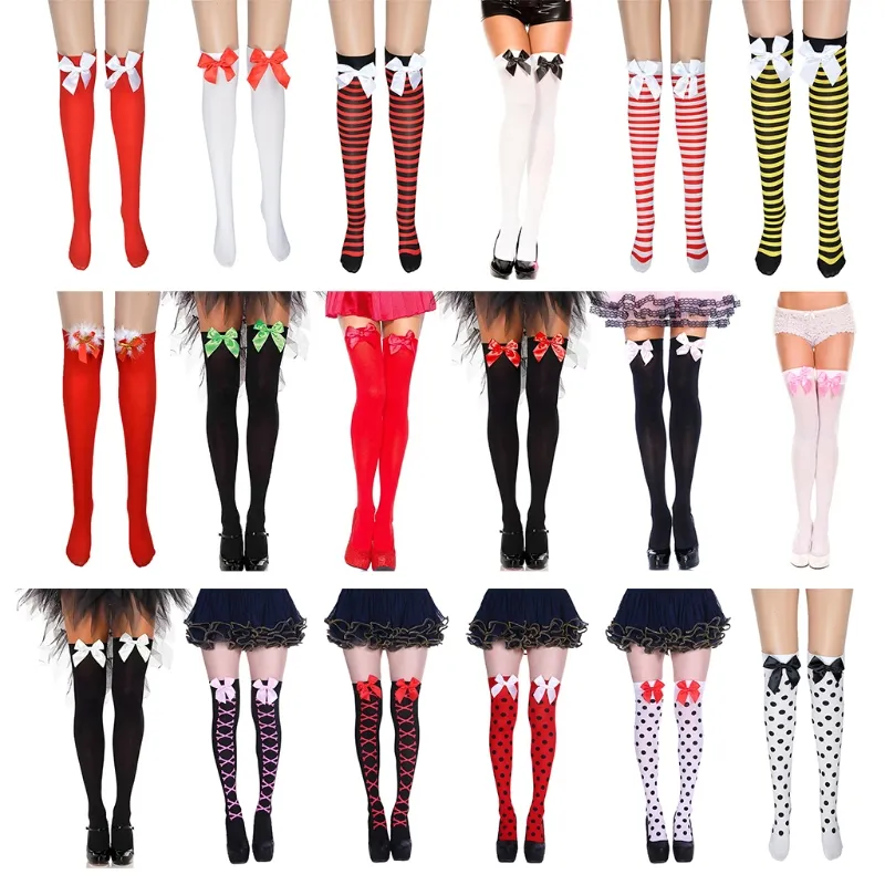 Women Halloween Christmas Thigh High Stockings Striped Polka Dot Cross Skeleton Print Sweet Bowknot Masquerade Cosplay Over Knee