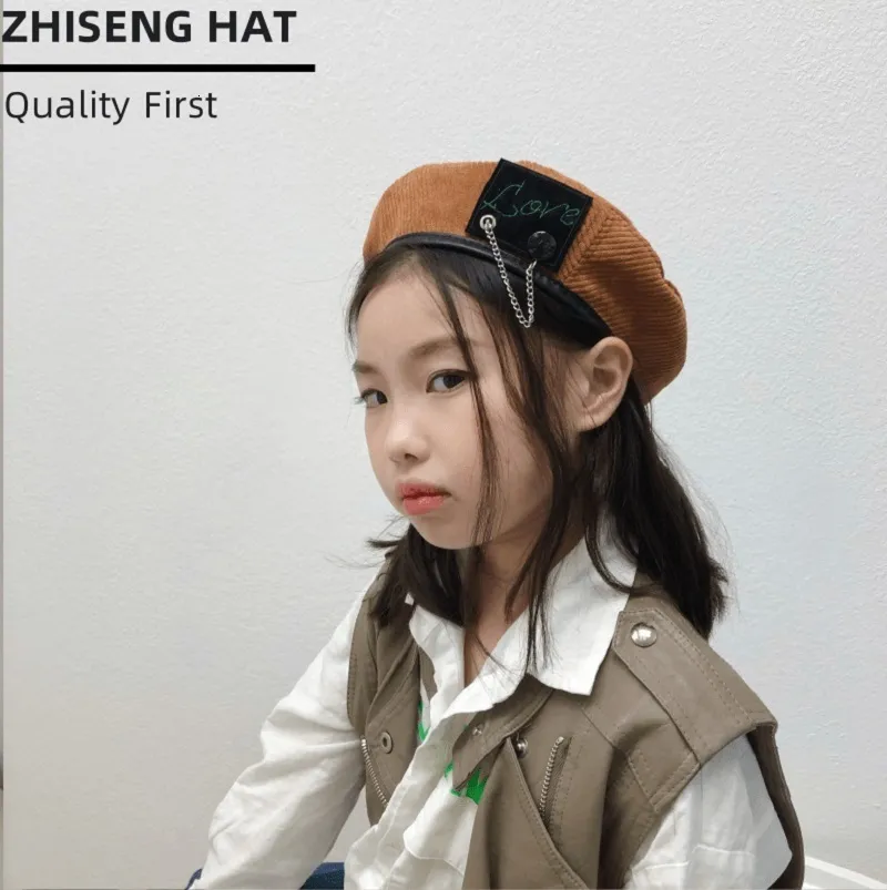 Caps Hats Street P Ography Trendy Women s Fashion Retro Bear Chain Beret Corduroy Octagonal Parent Child Design 230915