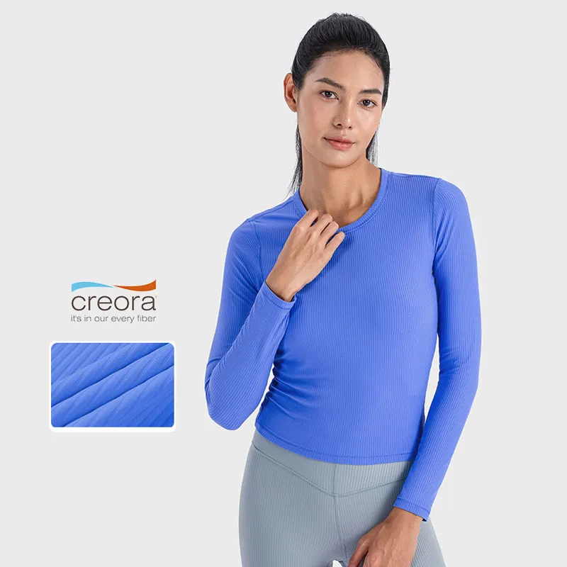 L-018 T-shirt da yoga a maniche lunghe da donna Vita laterale Pieghe elastiche Top sportivi Camicia a costine Maglietta fitness elasticizzata sottile e delicata sulla pelle per gli spostamenti