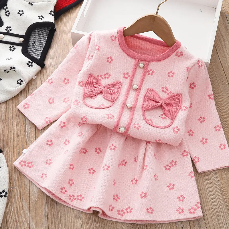 Clothing Sets 2023 Toddler winter Kids Clothes Set girls Knitted sweater coat short dress 2pcs Suit Baby Girl Outfits 230915