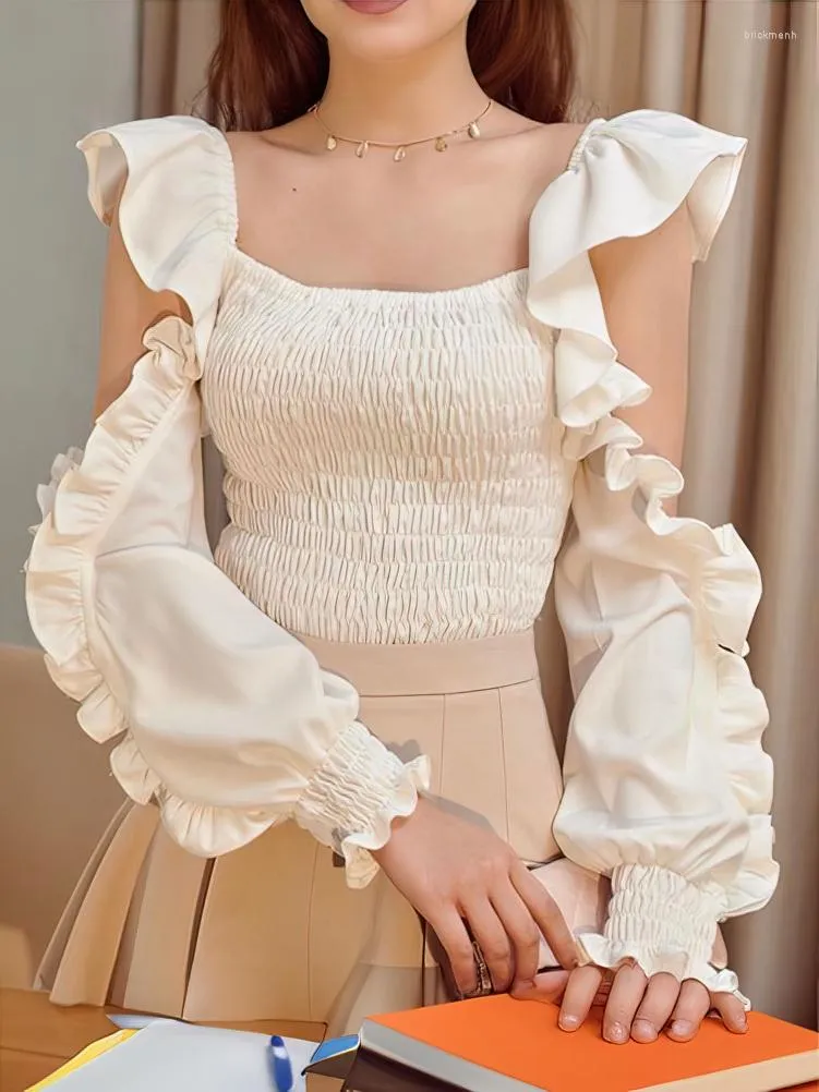 Camicette da donna con volant sulla spalla manica lunga camicetta di moda designer coreano gioventù elegante bianco crop top bellissimi vestiti 2023