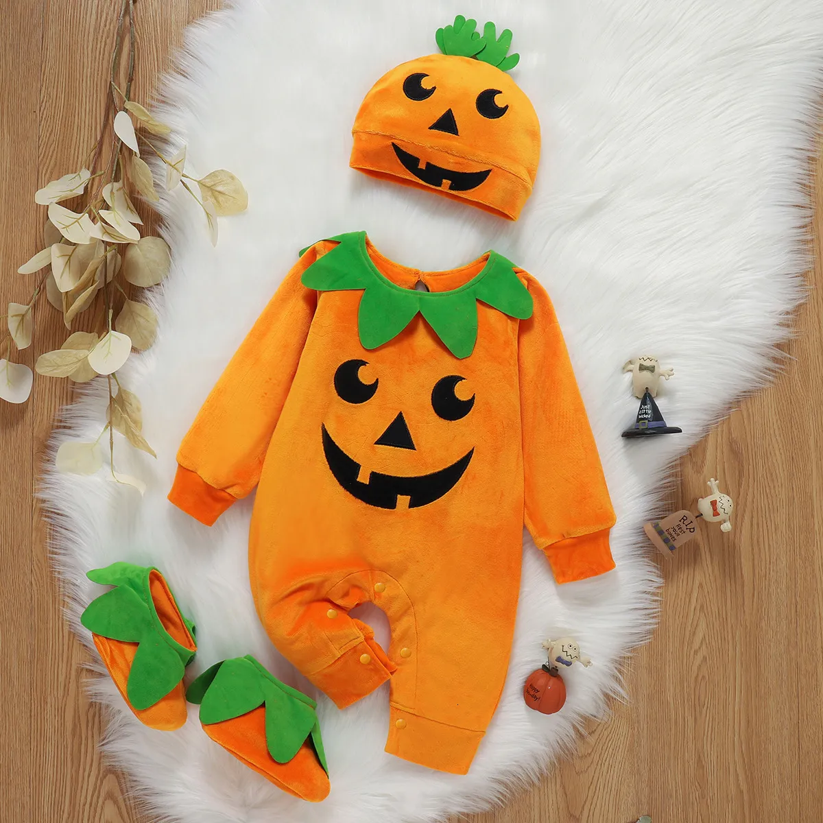 CAIXIA Halloween Outfits For Toddler Girls 5T,Baby Girls Halloween Outfit Set Pumpkin Patchwork Sleeveless Romper Dress Headband 3 Piece Cute Comfortable