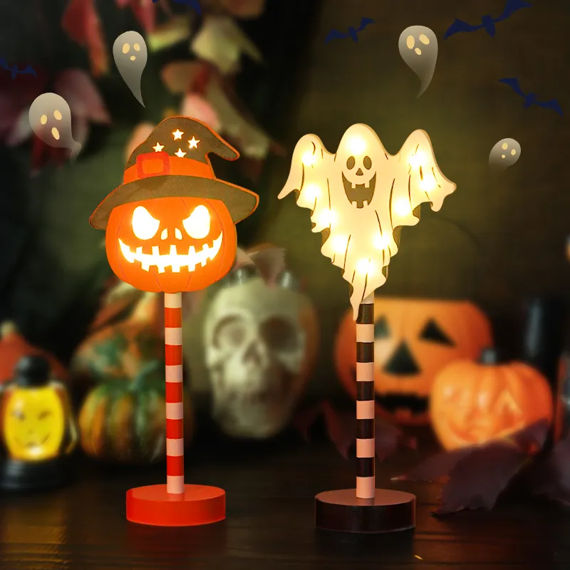 Halloween Decor Ghost Festival Modeling Lamp LED Pumpkin Ghost Skull Wood Decorative Night Light Halloween Party Desk Dr prydnad D2.0