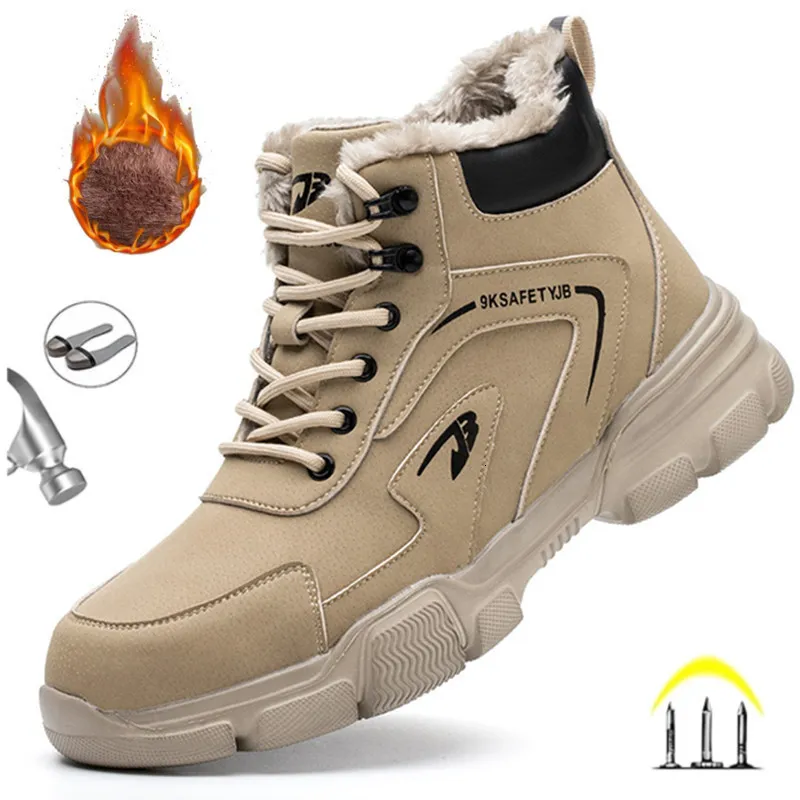Dress Shoes Winter Plush Work Boots For Men Ankle Anti smash Anti puncture Safety Shoes Steel Toe Protective Male Footwear Indestructible 230915