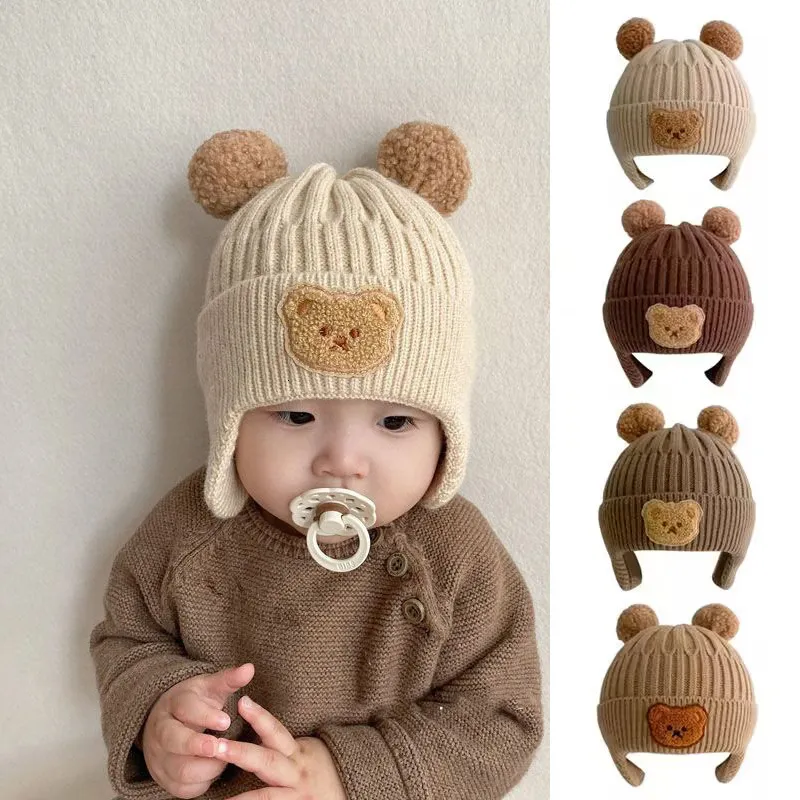 Caps Hats Winter Baby Beanie Cap Cartoon Bear Ear Protection Sticked Hat For Toddler Boys Girls Söta koreanska varma barn virkade Gorros 230915