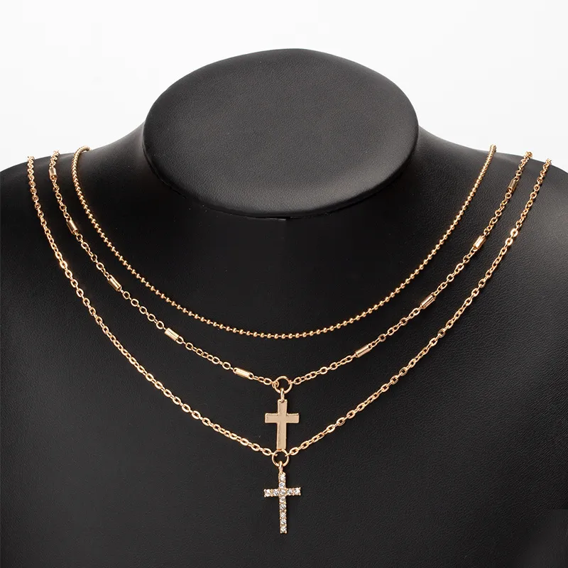 Collier pendentif couleur or pour femmes, bijoux à la mode, croix 3 couches, vente en gros