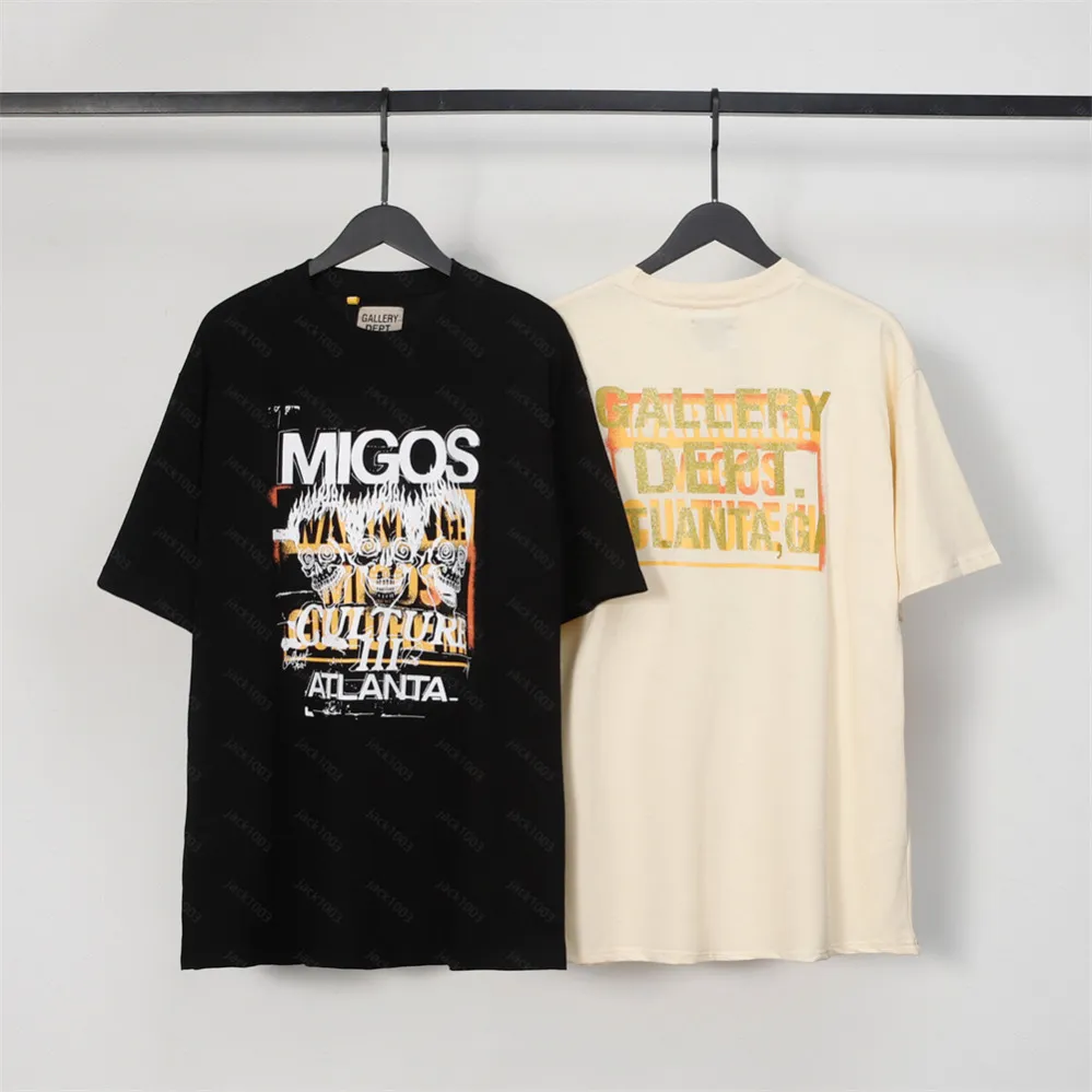 Galleries Dept Harajuku 23SS Vintage Washed Gold Stamp Letters Migos tryckt logotyp T -shirt Löst överdimensionerad Hip Hop Unisex Kort ärm TEE TCO TCO