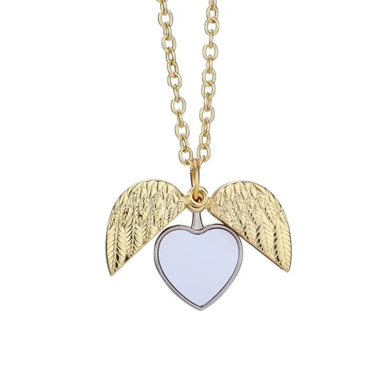 Party Favor Sublimation Blanks Necklace Pendant Heart Angel Wings smycken Tome Neckor With Chain SN4223