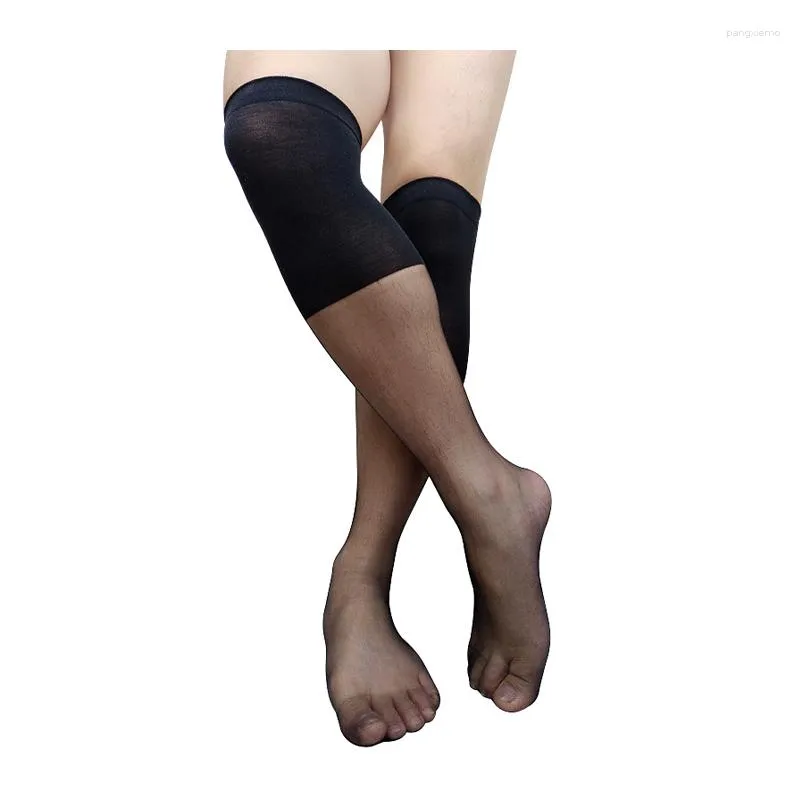 Men's Socks Over Knee Solid Black Mens Long Tube Sheer Thin See Through High Elatic Sexy Stocking Lingerie Hose Male Formal