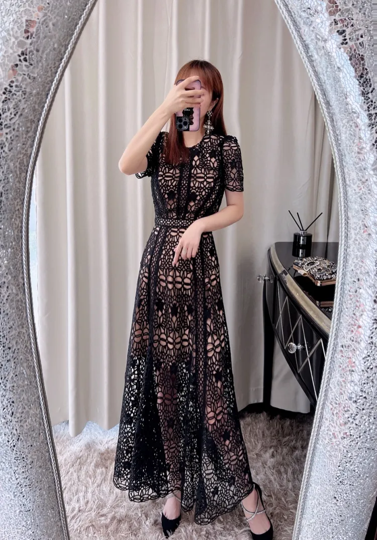 Self Portrait Black Guipure Lace Midi Dress Womens Designer