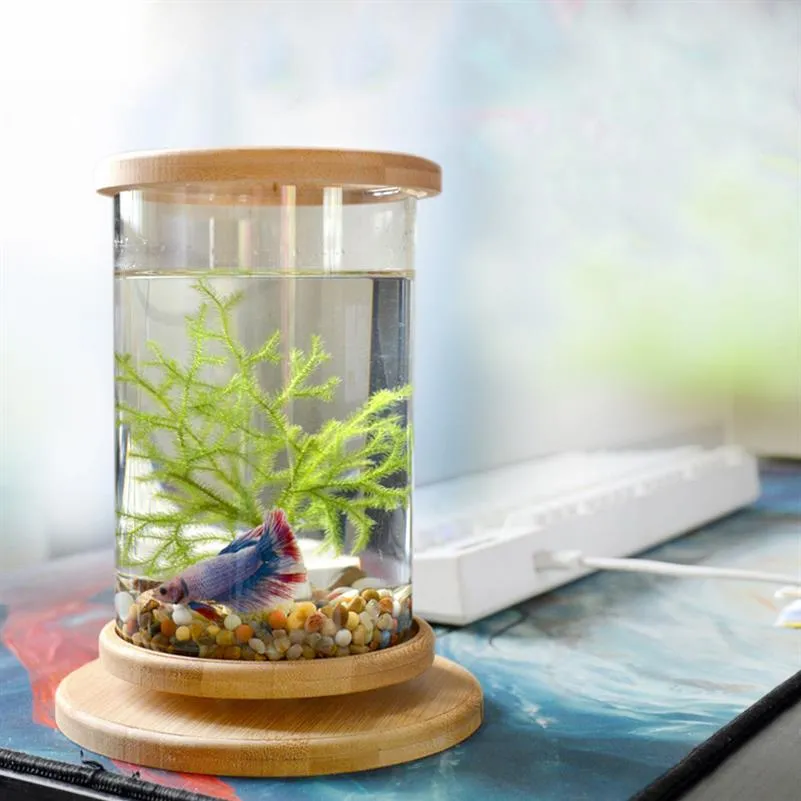 Glass Betta Fish Aquarium Tank With Bamboo Base Mini Rotating Fish