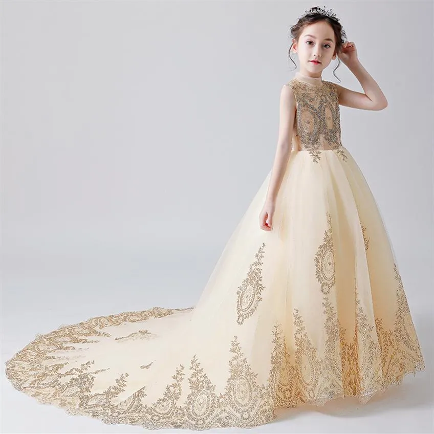 Elegant Long Trailing Gold Tulle Girl Pageant Dress Sequin First Communion Dress Baby Baptism Gowns Formal Flower Girl Dress for W215h