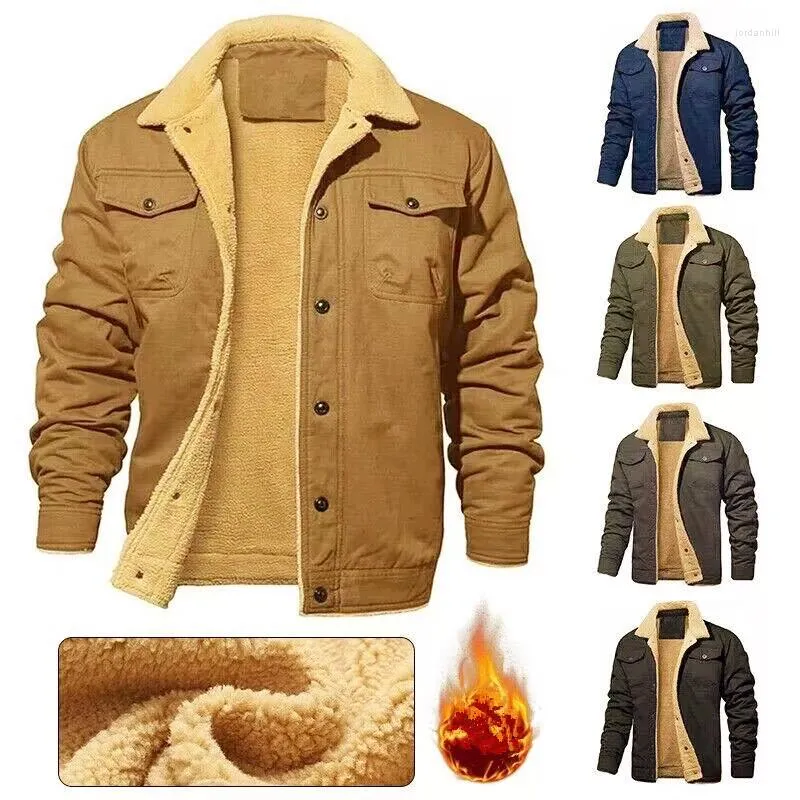 남자 재킷 턴 다운 칼라 겨울 면화 남성 Sherpa 양털 트럭 운전사 파카 그린 전술화물 코트 옷 외투