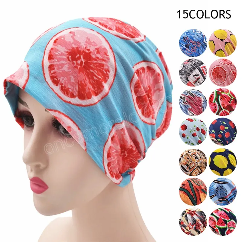 Mode Muslimische Frauen Neue Kreuz Seide Schlaf Chemo Hut Beanie Obst Muster Turban Hut Schal Krebs Chemo Beanie Cap Hijab headwear