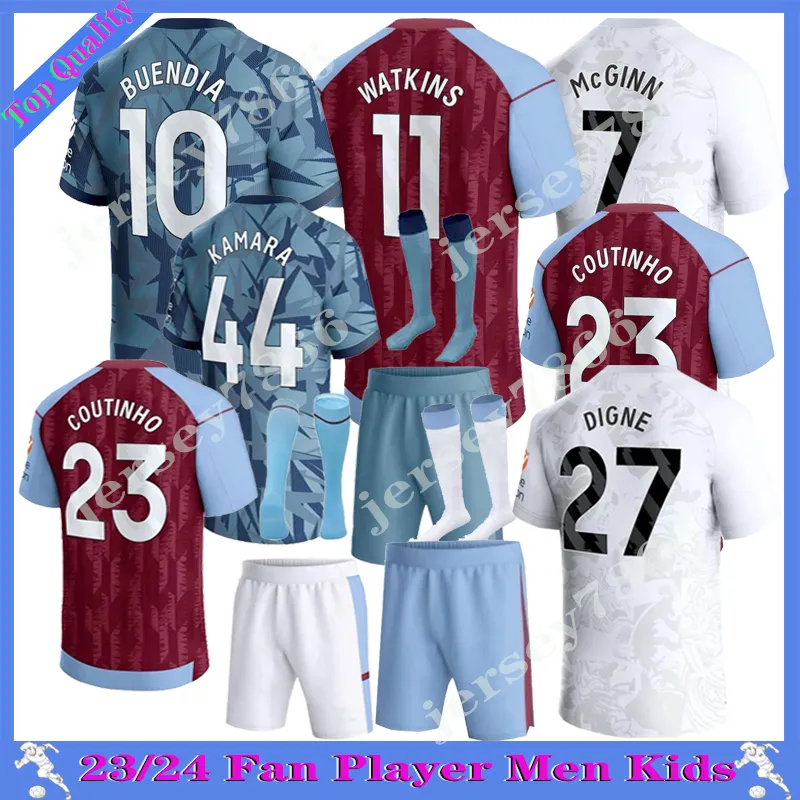 23 24 Jerseys de fútbol Kit para niños Inicio 2023 2024 Aston Villas Camiseta de fútbol Entrenamiento Away Fans Versión del jugador Camisetas MINGS McGINN BUENDIA WATKINS Maillot Foot