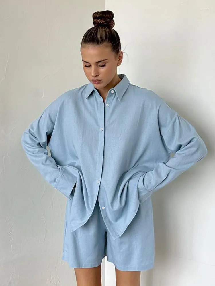 Kvinnors sömnkläder Hiloc Solid Color Pyjama Ställer in vit långärmad i pyjamas för kvinnor Löst avstängning av krage Blue Loungewear Autumn 2023