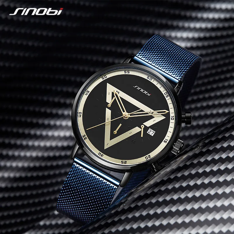 Mens creative inverted triangle steel mesh watch multi-functional small three needle