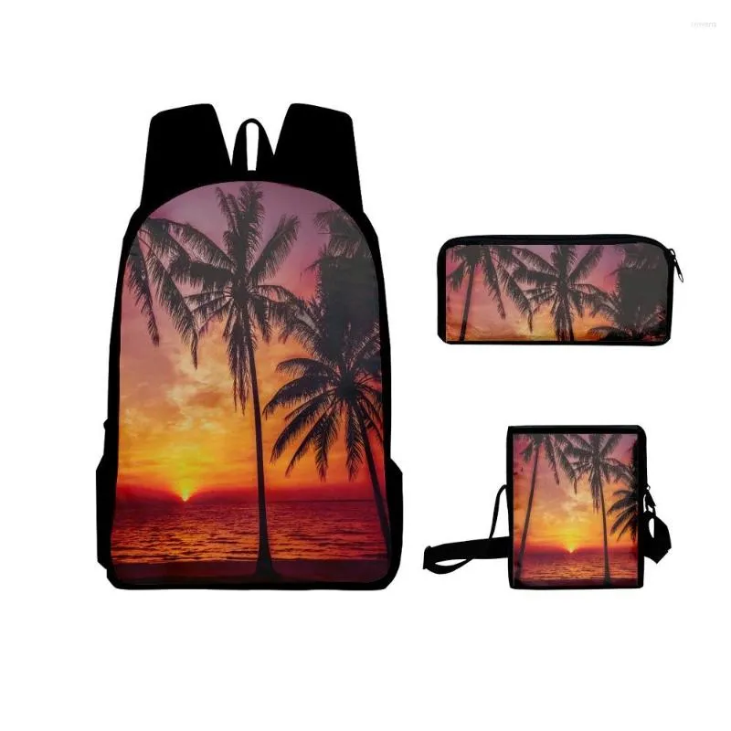 Skolväskor 3psc/set Sunset Coconut Tree ryggsäck Primär mellanstudenter pojkar flickor skolväska crossbody väska