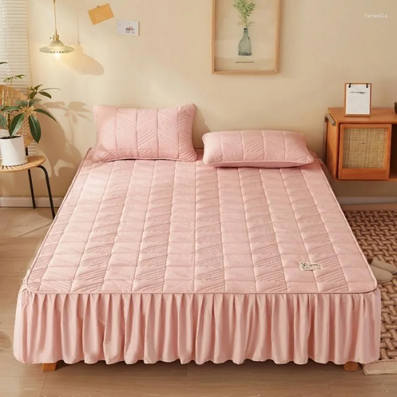 Bettrock, rosa, 1,8 m, Kissenbezug, 3-teiliges Set, Füllung aus Sojabohnen, Spannbetttuch, integrierte Tagesdecke