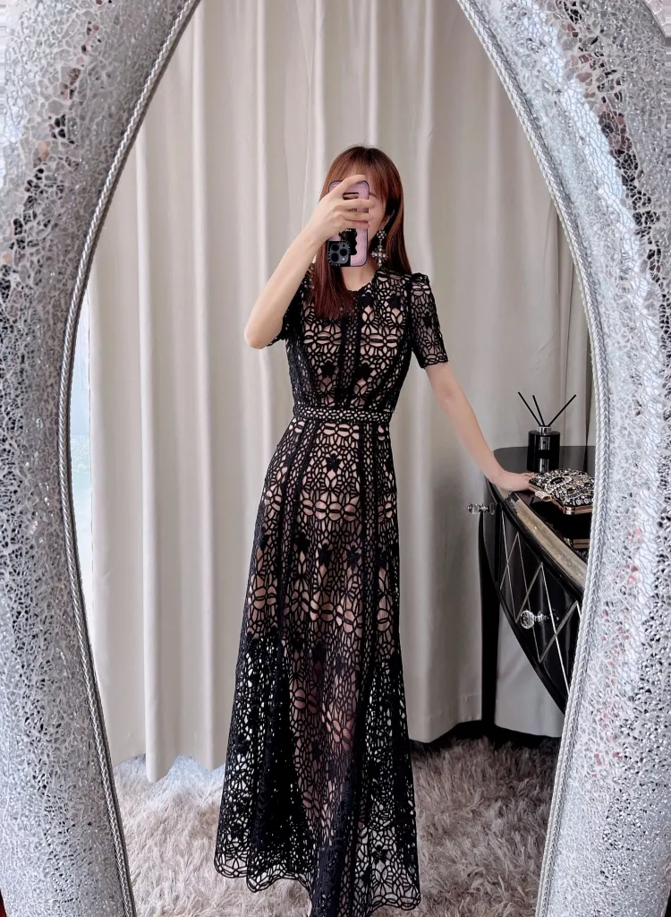 knee length dresses for ladies Black Nature Guipure Midi Dress – FARM Rio main image 1