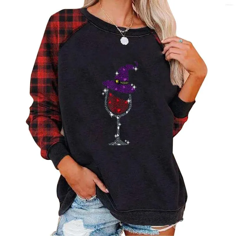 Women's Hoodies Halloween Plaid Sweatshirts Fashion Red Wine Glass Pullovers Ladies Patchwork Xmas Festival Tracksuit Sudaderas