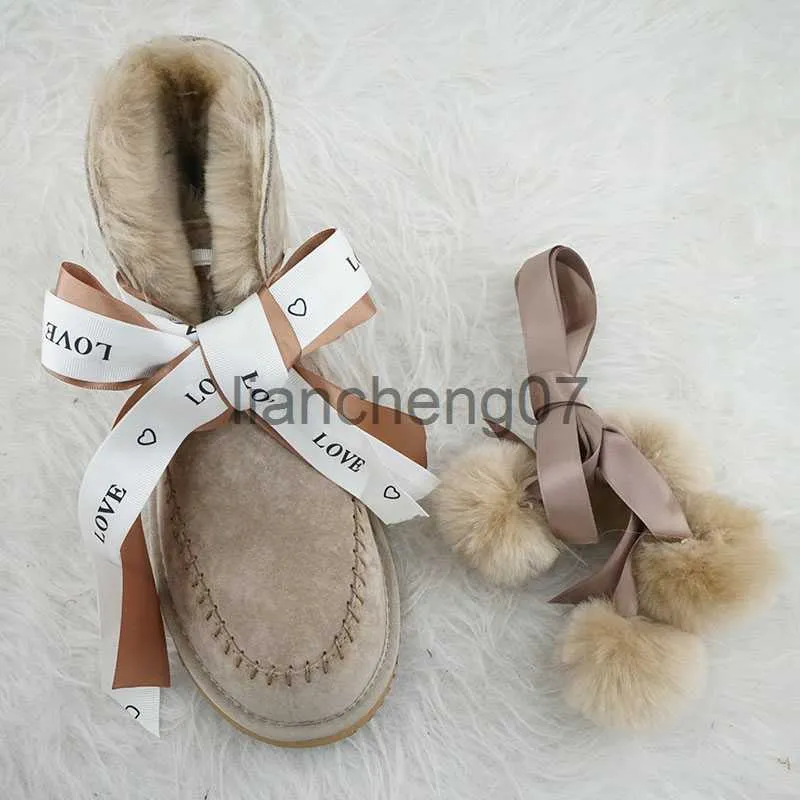 Slippers Mode Zoete Brede Lint Stropdas Natuurlijke Bont Snowboots Vrouwen Echte Schapenvacht Lederen Winter Laarzen Echte Warme Wollen Vrouwen Laarzen x0916