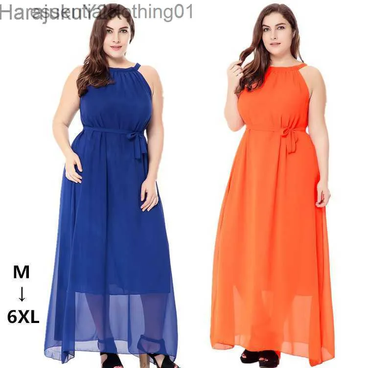 Grundlegende Freizeitkleider Damen Sommerkleid Übergröße 5XL 6XL Neckholder Ärmellos Solides Chiffon Maxi Langes Boho Kleid Bodenlange Tunika Strandkleider L230918