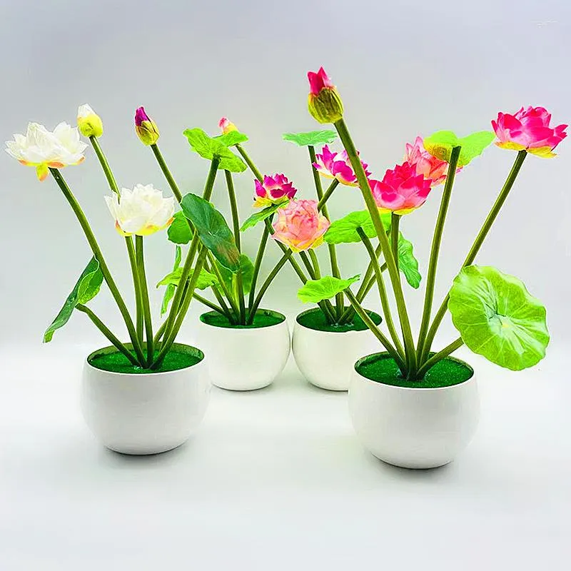 Decorative Flowers Artificial Simulation Mini Silk Lotus 4 Colors Green Plants Ornaments For Home Garden Table Wedding Party Decoration Fake