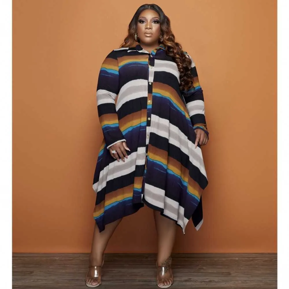 Plus Size Women Shirt Dress Turn Down Collar Long Sleeve Striped Print Loose Dress Oversized Robe African Big Size Clothing 5xl