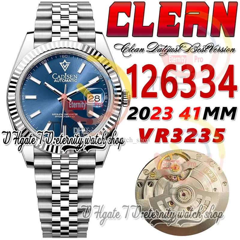 Clean CF Date 41mm 126334 VR3235 Reloj automático para hombre Bisel estriado Dial azul Marcadores de palo 904L JubileeSteel Pulsera Super Edition Eternity Hombre Relojes de pulsera