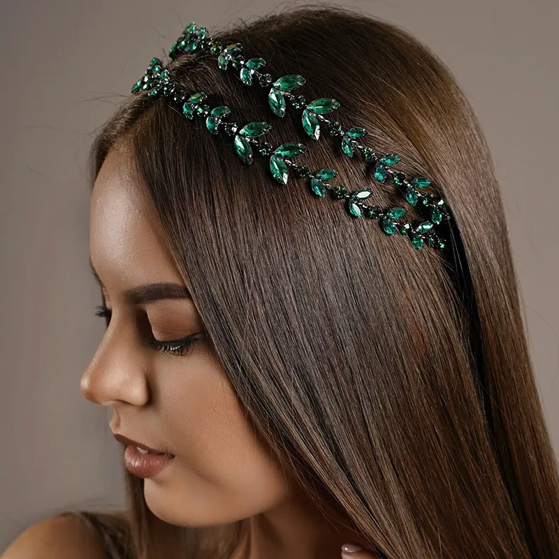 Headbands Hair Jewelry Green Crystal Double Layer Headband Leaves Hair Accessories for Women Luxury Tiara Bridal Headband Jewelry 230918