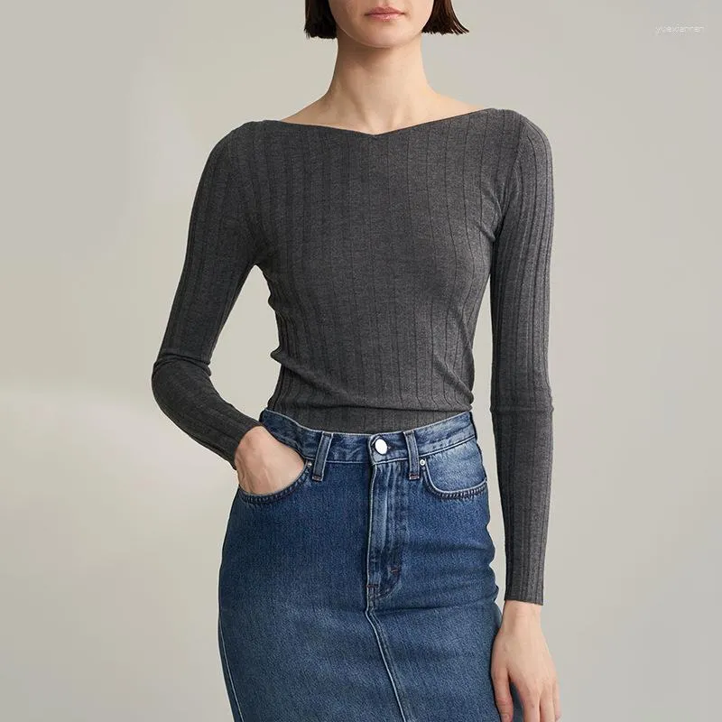 Kvinnors tröjor Fashion Top Wool Silk Cashmere Blend Stick Ribbed Boat Neck Long Hides Fitted Jersey Jumper Pullover