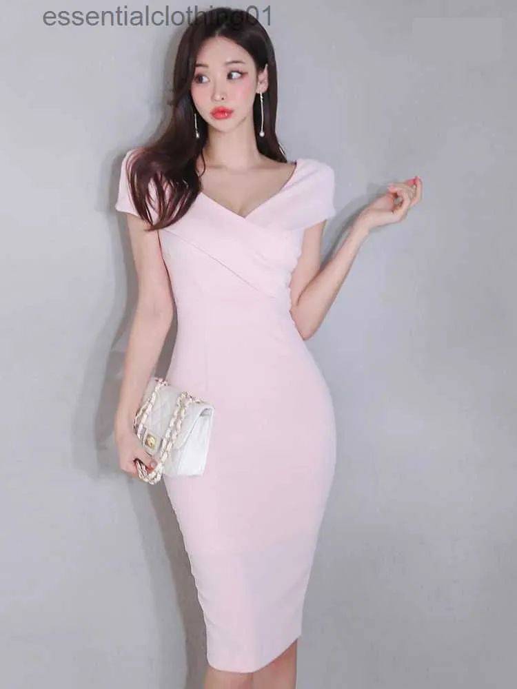 Basic Casual Dresses Fashion Summer Dress For Women Elegant Formal Lady Chic Sweet Sexy V-Neck Wrap Hip Midi Party Femme Mujer Vestido Street Clothes L230918