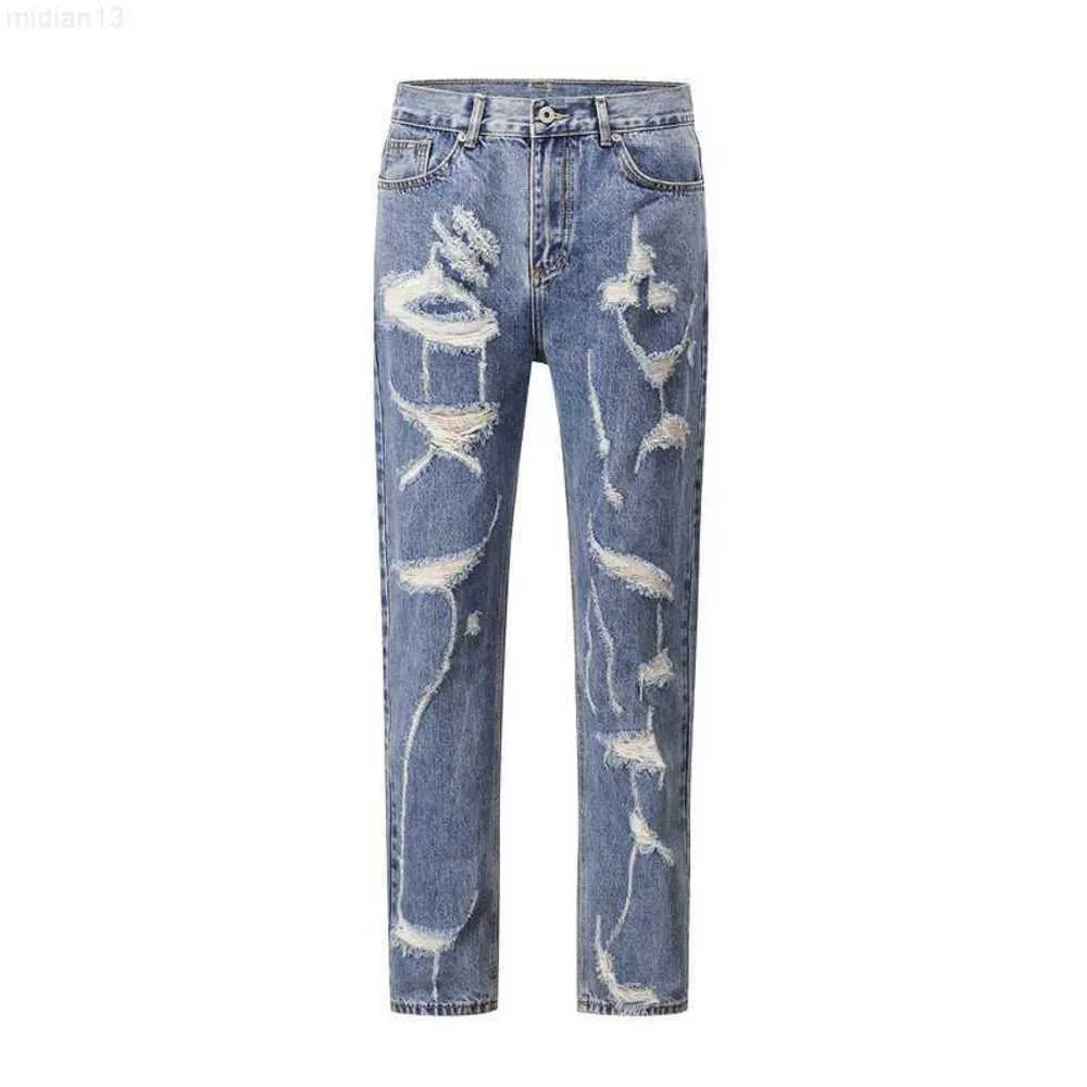 High Street Fashion Brand Washed Old Blue Burnt Hole Slim Fit Small Foot Straight Leg Jeans5d1l