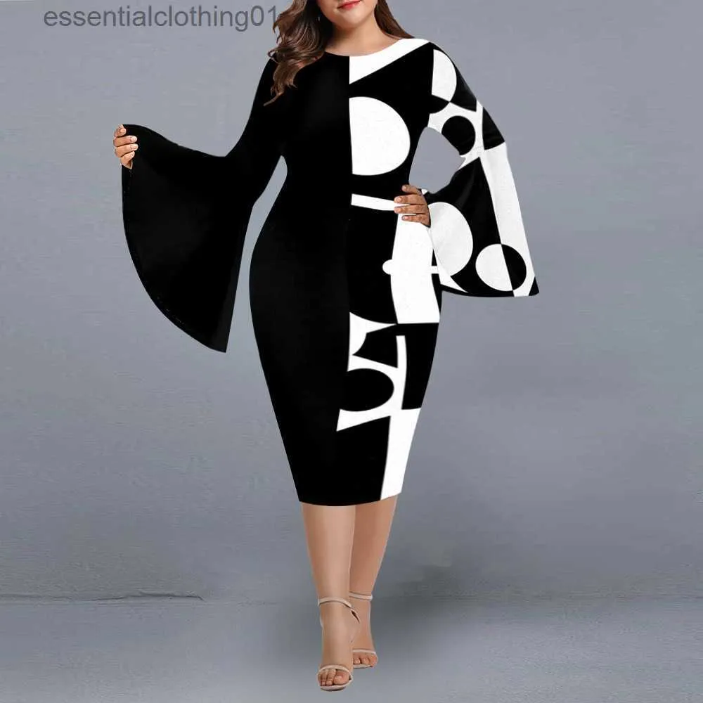 Basic Casual Dresses Plus Size Dress 2022 Elegant Geometric Print Evening Party Dress Women Autumn Winter Flare Sleeve Christmas Club Outfit L230918