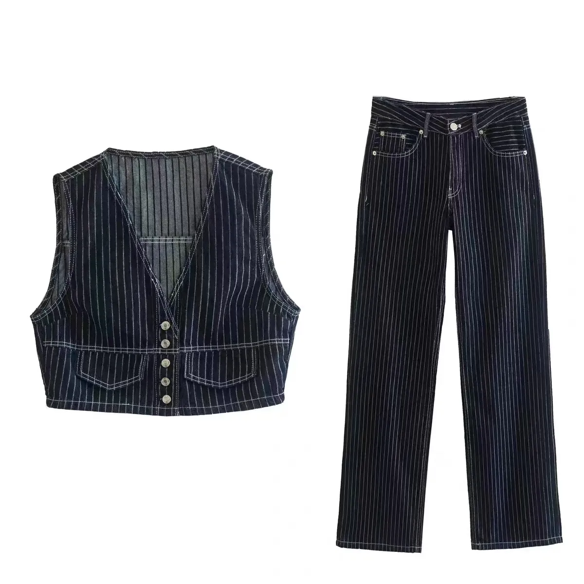 가을 데님 의상 2023 Hoco Pinstripe Denim Straight Leg Jeans Homecoming Outfits