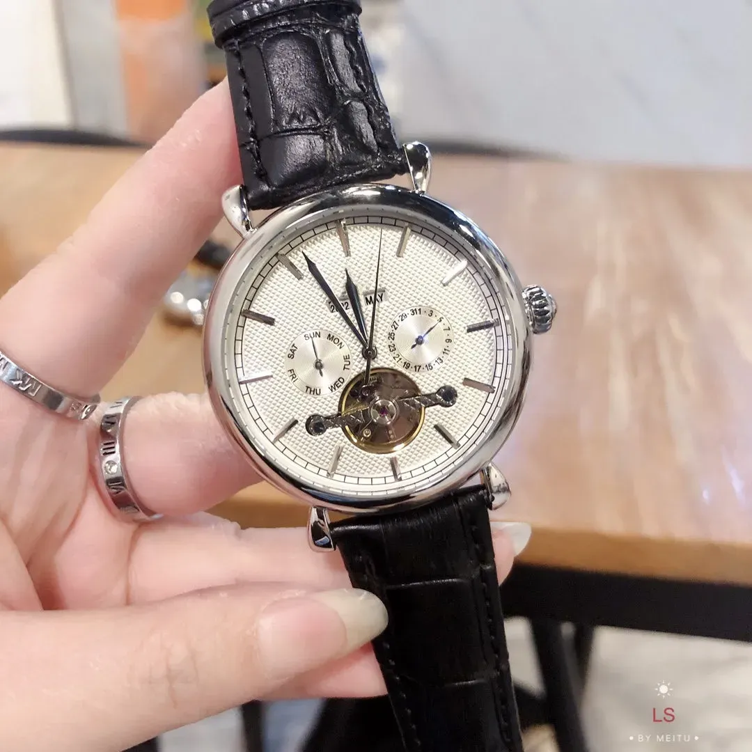 2021 new high quality luxury men' five needle big wheel mechanical calendar watch designer watches brand leather strap