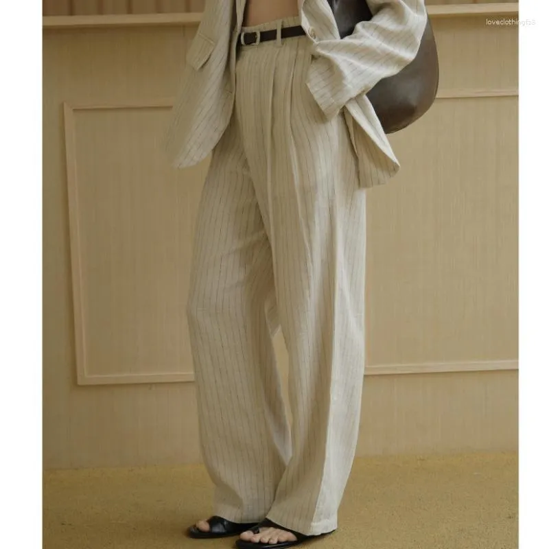 Women's Pants High Waist Wide Leg Retro Texture Linen Striped Trousers Loose Vertical Casual Women