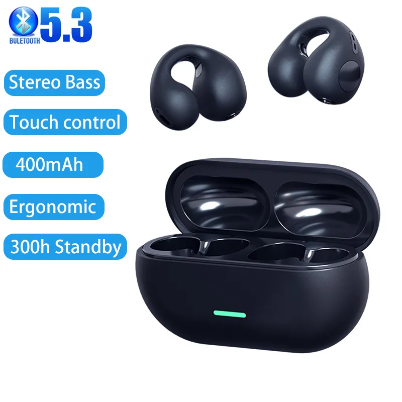 TWS Bluetooth 5.3 Wireless Bone Conduction Headphones T75 Clip Ear Music Noise Canceling Headset HD Call Sports Gaming Earphone