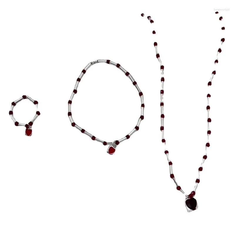 Ketting oorbellen set stijlvolle rood hart kralen armband/bamboe gezamenlijke vingerringen/ketting sieraden
