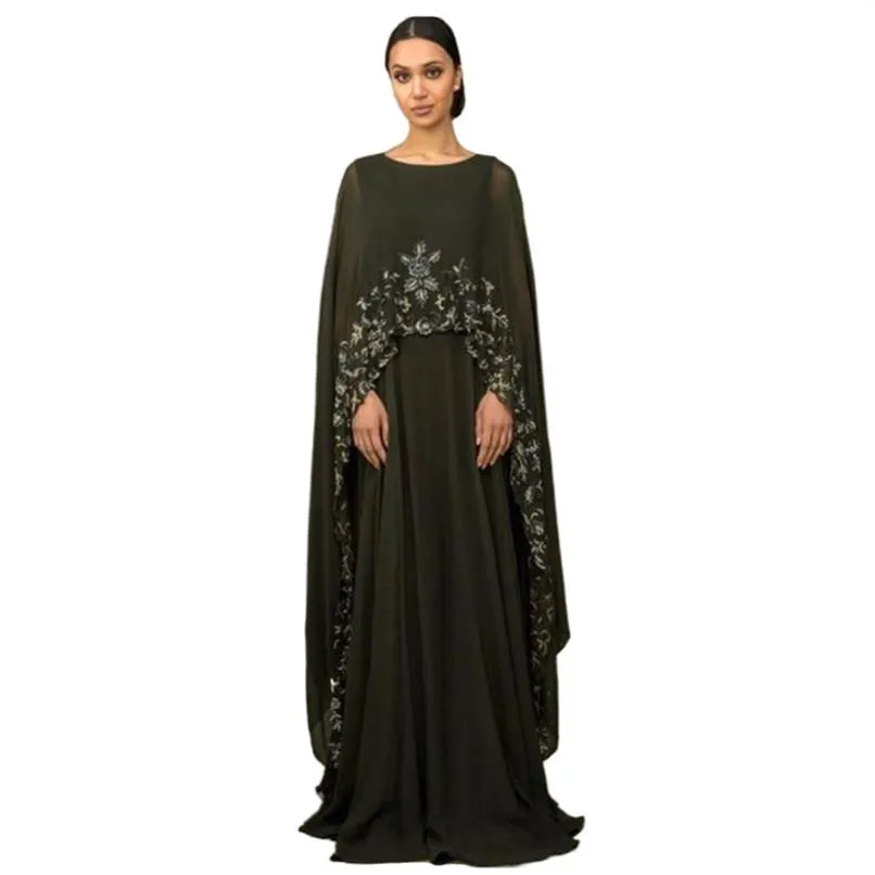 Elegante schwarze arabische muslimische Kleider für die Brautmutter mit Umhang, arabisches Dubai, langes Wickelkleid, applizierte Spitze, Chiffon, Bräutigam-Mütter-Abschlussball318E