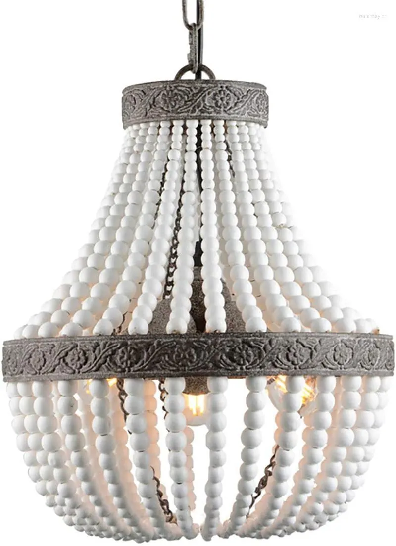 Pendant Lamps 3-Light Bohemia Wood Beaded Chandelier Antique Rustic Light White Finishing For Bedroom Kitchen Island Girl Room