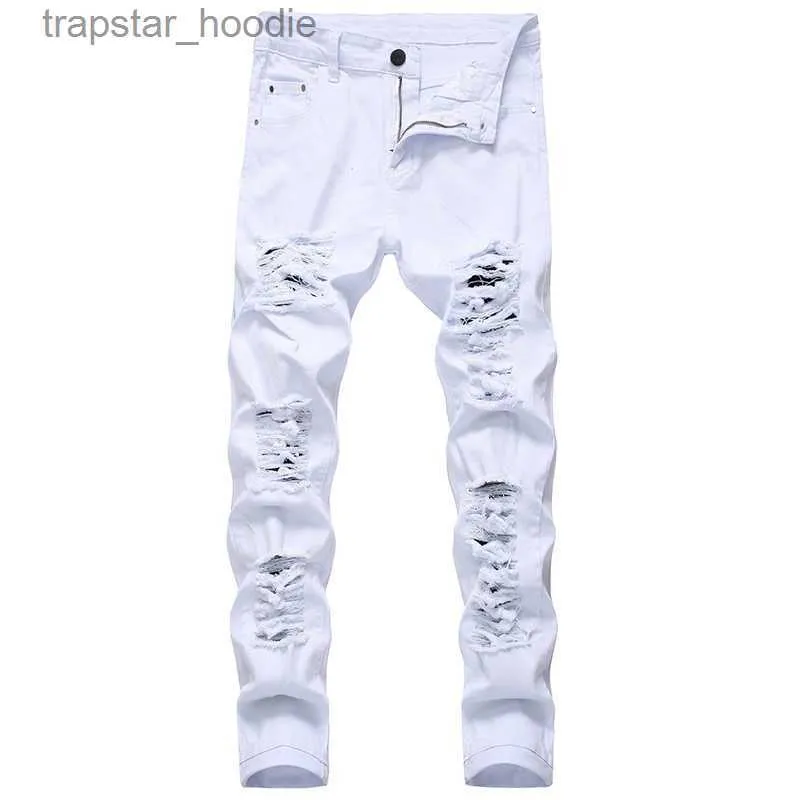 Męskie dżinsy Mężczyźni rozryte dżinsy białe czerwone czarne rozciąganie Slim Fit Spring Autumn Denim Spodnie Zwykłe Hip Hop Streetwear Dżinsy Pantie x0621 L230918