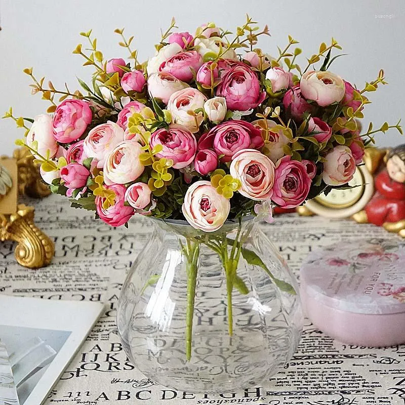 Flores decorativas 10 cabeças de seda vintage retro chá rosas artificial buquê de noiva para decoração de casamento casa falso