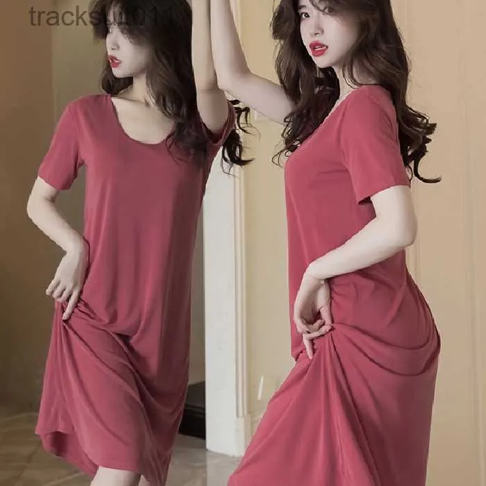 Women's Sleepwear Pajamas Women Nightdress Loose With Chest Pad Solid Color Short-Sleeved Milk Silk Can Wear Outside Home Dresses L230918