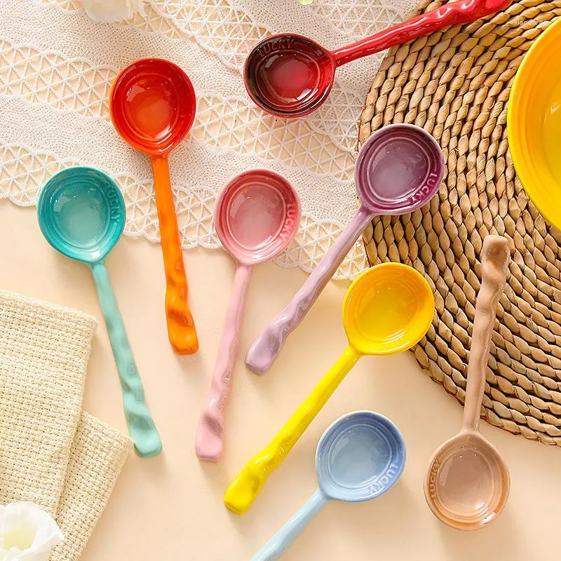 Spoons 4Pcs Colorful Long Handle Ceramic Soup Spoon Household Cute Teaspoon Rice Eating Kitchen Cooking Utensil
